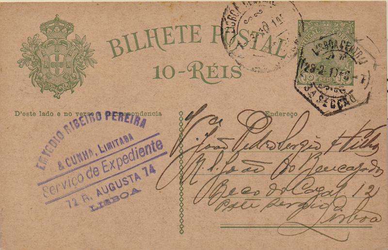 0374 v.jpg -     Lote:    374 (verso)                   Descrição:         1910 &mdash; D. Manuel II. OM48, 10 reis verde. Circulado em Lisboa (28.02.10). Repicado no verso por EMYDIO RIBEIRO PEREIRA & CUNHA, LDA.        IC       Valor Base:     &euro; 15,00     Valor Venda:     &euro;      